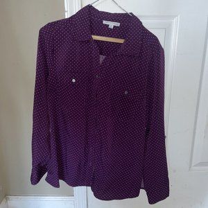 Notations Women's Top Size PL Long Sleeve Purple Polka dot Button Up Blouse